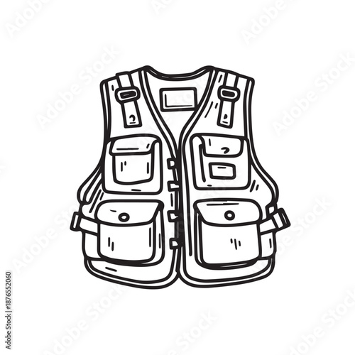A black and white line drawing of a multi-pocket utility vest.