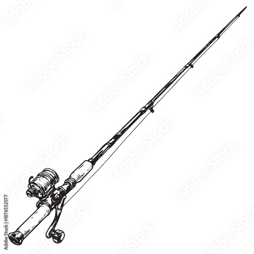 Vintage hand-drawn engraving of a fishing rod with a spinning reel.