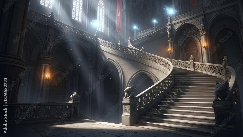 Obraz premium A grand, gothic castle interior featuring a massive stone spiral staircase illuminated by ethereal light beams