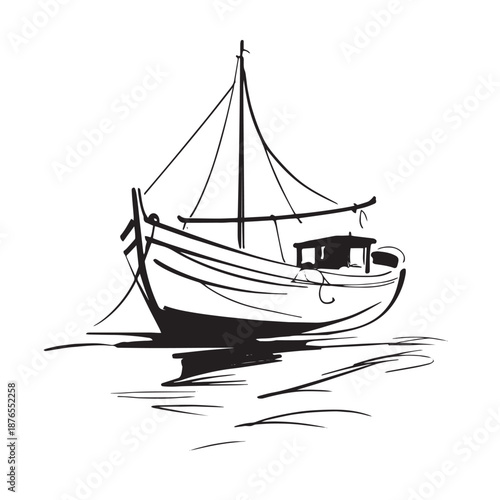 Minimalist black and white line drawing of a small fishing boat.