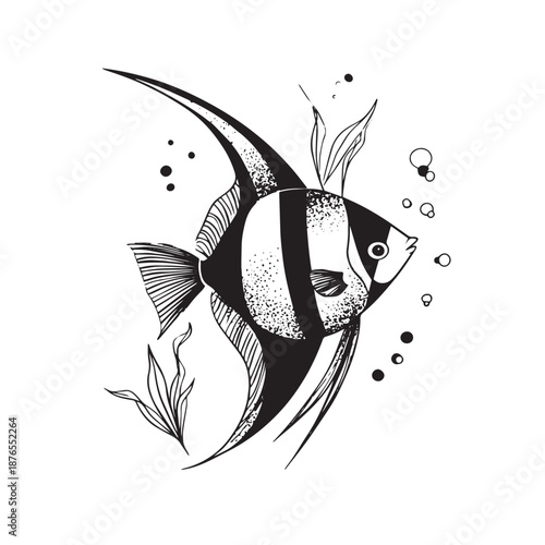 Monochrome drawing of a moorish idol fish with bubbles and seaweed.