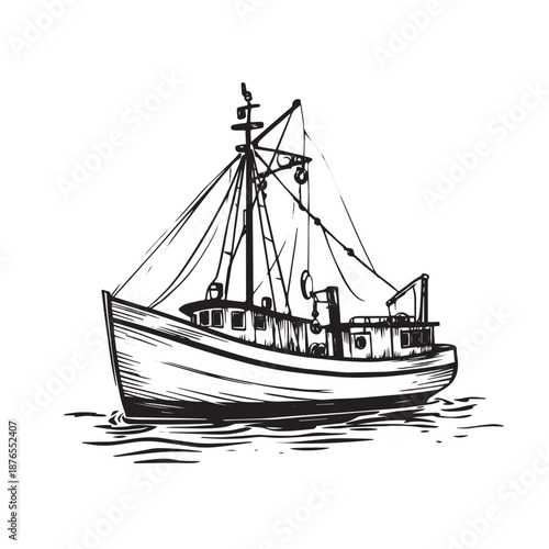 Monochrome hand-drawn engraving of a commercial fishing trawler.