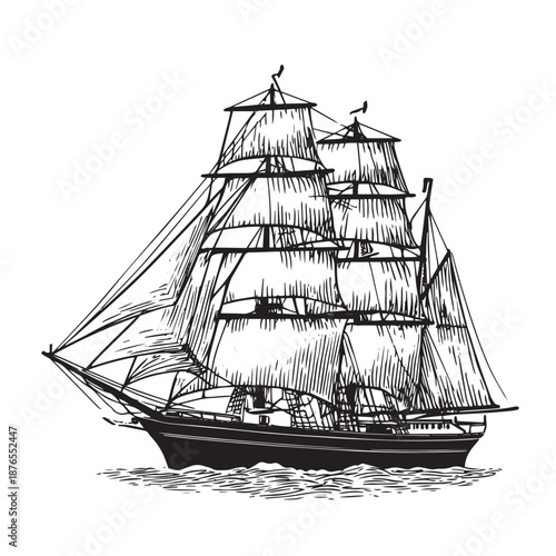 Vintage hand-drawn engraving of a majestic three-masted sailing ship.