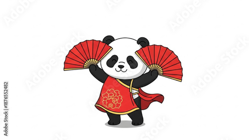 Cute panda performing traditional red fan dance