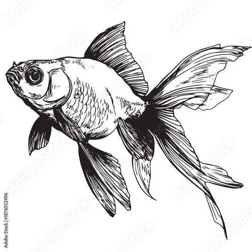 Detailed hand-drawn ink sketch of a goldfish with long fins.