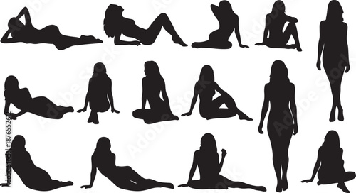 Black silhouettes of women in different  posing on a white background