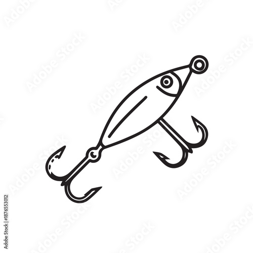 Black and white line drawing of a lure with treble hooks.
