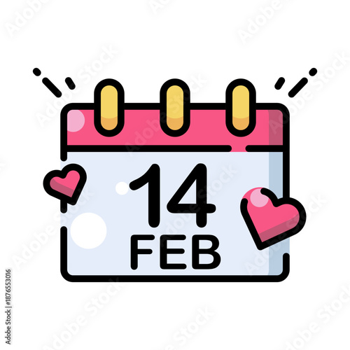 Valentine Day Calendar Icon with 14 February Date and Hearts Flat Line Art Illustration