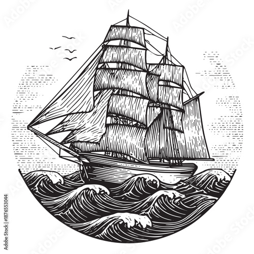 Vintage monochrome etching of a tall sailing ship on rough waves.