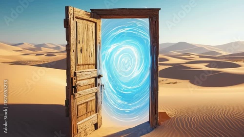 Door portal to another world in desert