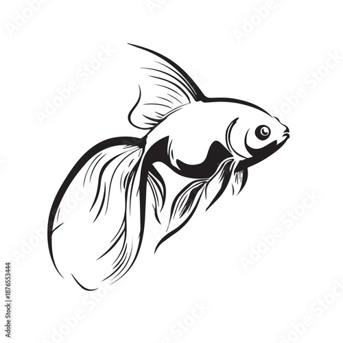 A minimalist black line drawing of a goldfish with flowing fins.