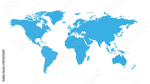 A simplified world map illustration with blue continents on a white background