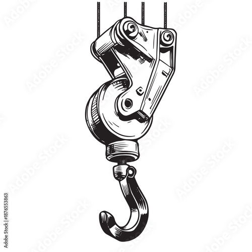 Industrial crane hook and pulley block in a hand-drawn style.
