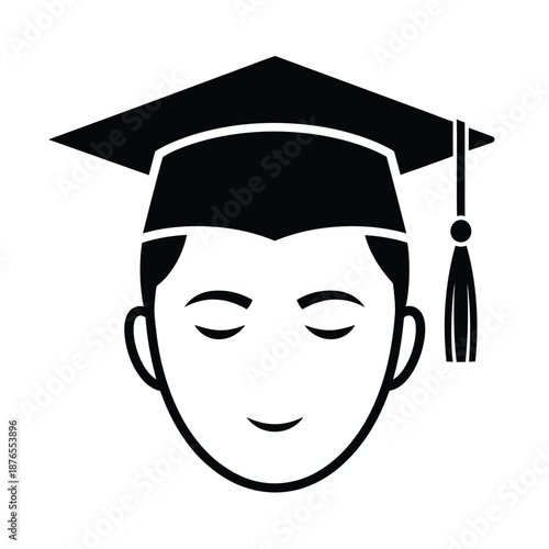Stylized black silhouette icon of a student wearing a graduation cap with a closedeye expression of contentment isolated on transparent background