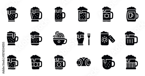 Black glyph icons collection showcasing diverse beer mugs, frothy beverages, and food items, ideal for digital interfaces, app designs, restaurant menus, and festive event graphics.