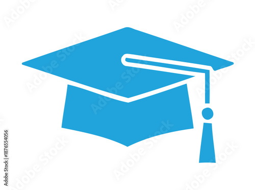 A simple blue graduation cap icon with a tassel isolated on a white background for educational purposes