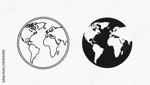 Two depictions of planet earth one outlined and one shaded in black