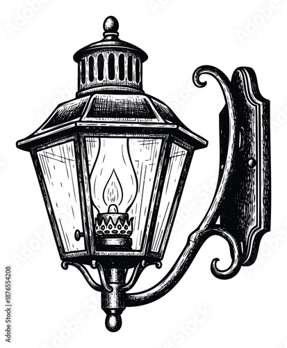 Classic oldfashioned outdoor street lantern with a burning flame on a wall mount in a detailed vintage sketch style perfect for historical designs or traditional decor