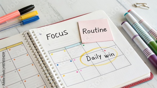 Open planner with handwritten notes about daily routine and focus