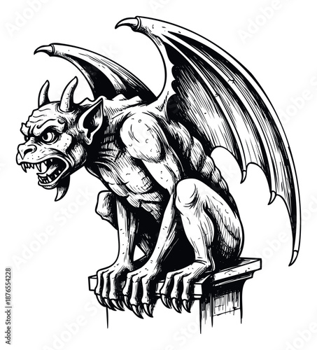 A detailed hand drawn gargoyle statue with an aggressive expression and spread wings provides powerful imagery for gothic architecture designs or mythological themes.