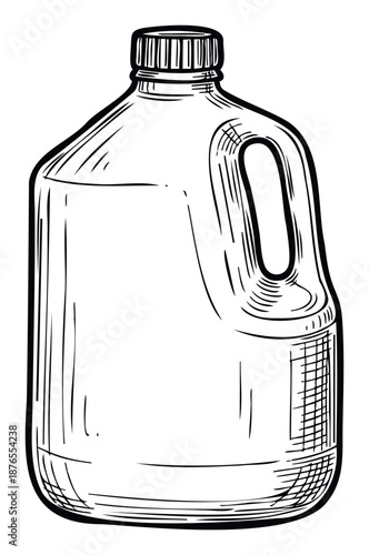 Detailed line drawing of a white plastic gallon jug with a screw cap and handle, perfect for beverage packaging design, dairy product promotion, or healthy lifestyle graphics