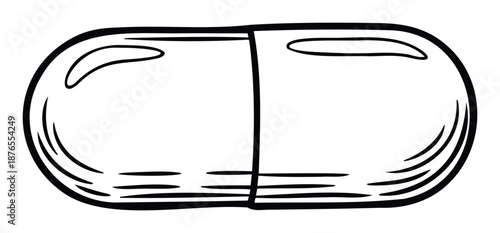 Simple hand drawn sketch of a capsule shaped medical pill or vitamin for health, pharmacy, and healthcare related marketing materials or educational presentations