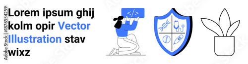 Technology, data security, education, innovation, workplace decor, creative concepts. A female coder with a screen, a science shield icon and a potted plant. Technology and data security
