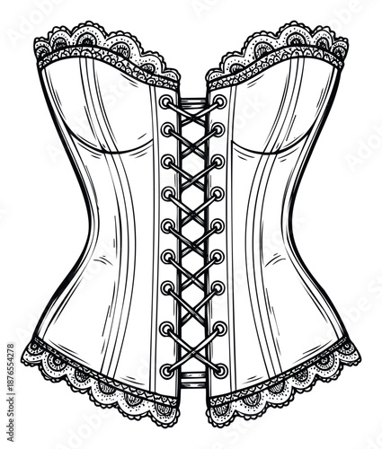Detailed outline drawing of a Victorian style corset featuring delicate lace trim and classic front lacing, perfect for historical costume designs, lingerie product showcases, or vintage