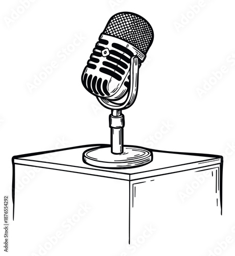 Classic broadcast microphone illustration depicting a vintage vocal instrument perfect for music, podcast, radio, or public speaking related marketing materials and media projects.