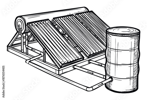 Detailed line drawing of a solar water heating system with collector tubes and a storage tank for renewable energy applications and sustainable living concepts