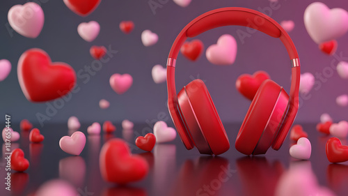 Red wireless headphones stand surrounded by floating hearts on a dark purple gradient background for romantic music audio themes.