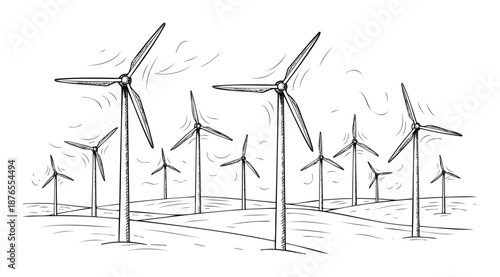 A hand drawn sketch of a wind farm with multiple turbines generating clean renewable energy on a hilly landscape for ecofriendly power production projects