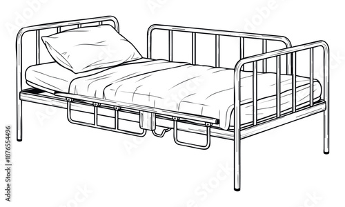 Essential healthcare equipment featuring a classic hospital bed with adjustable rails and bedding for medical facility materials or health education publications