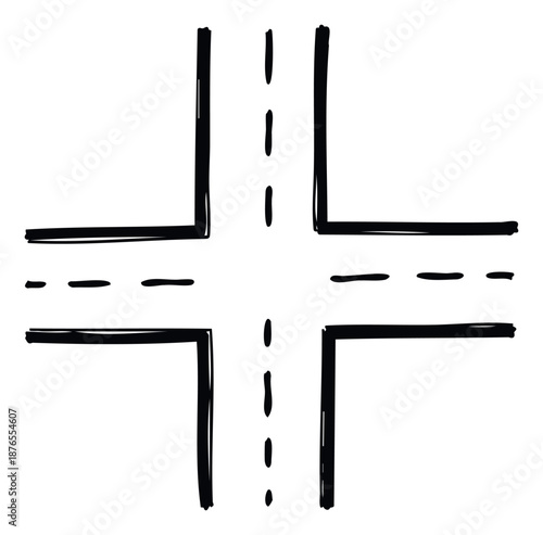 Basic black and white drawing of a universal four way road intersection with center dashed lines conveying directions and pathways for educational purposes or schematic visuals