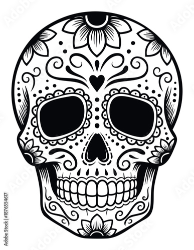 Decorative black and white sugar skull with floral and swirl motifs perfect for celebrating Mexican Day of the Dead traditions or for use in festive graphic designs and prints
