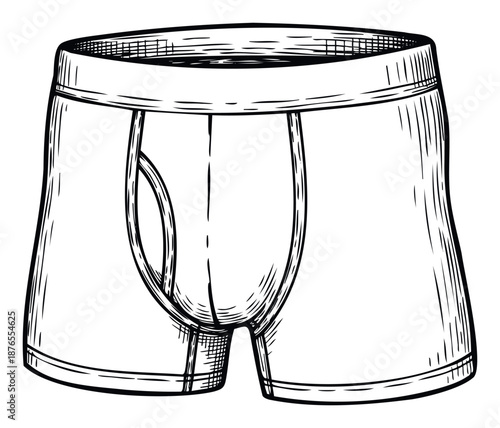 Handdrawn sketch of a comfortable mens boxer brief garment, perfect for apparel advertisements, fashion blogs, and retail clothing graphics for a classic masculine look.