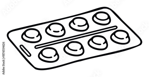 Black line drawing of a medicine blister pack containing eight individual pills, perfect for healthrelated content, medical infographics, pharmaceutical promotions, or public health