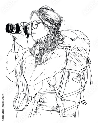 A young Asian female traveler wearing glasses and a large backpack captures moments with her camera, perfect for tourism blogs, adventure publications, or travel agency promotions.