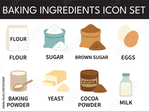 Baking Ingredients Colorful Icon Set – Realistic Food Colors Vector Illustration