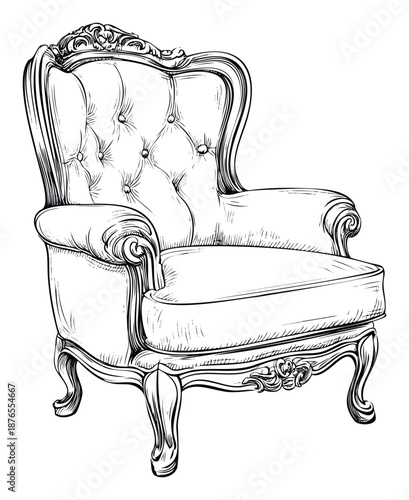 Luxurious classic tufted armchair presented in an elegant engraved visual style perfect for upscale residential or commercial interior decor concepts