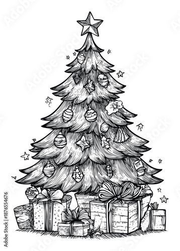 Classic holiday Christmas tree decorated with star topper and numerous festive ornaments, surrounded by wrapped presents, suitable for seasonal greeting designs and winter celebrations.
