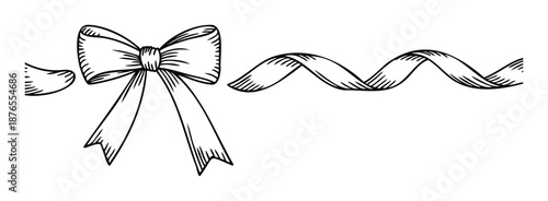 Decorative black and white hand drawn bow with a flowing wavy ribbon, perfect for enhancing holiday celebrations, gift packaging, and festive event embellishments