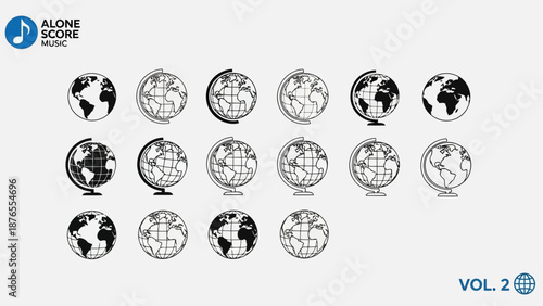 Multiple globe illustrations arranged in a grid with musical branding elements