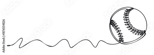 A minimalist line drawing of a baseball in motion with a dynamic wavy tail, perfect for sports event promotions, youth league advertisements, or athletic brand marketing materials.