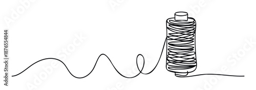 Minimalist continuous line drawing of a thread spool with an unwinding wavy thread creating a simple yet elegant visual for craft blogs or textile industry promotions