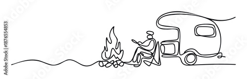 Continuous line drawing illustrating a person camping by a warm campfire next to a camper van, perfect for travel adventure publications, outdoor lifestyle content, or vacation related