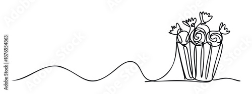 Simple black line drawing depicting a charming bouquet of flowers arranged in a stylish pot with an extending wavy line, suitable for modern greeting layouts, subtle branding, or calm