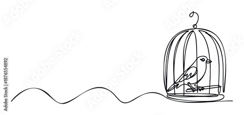 Minimalist continuous line drawing of a songbird perched inside a traditional wire birdcage, perfect for visual representations of confinement, pet care, or simple educational content.