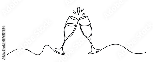 Elegant single line drawing of two champagne flutes toasting, perfect for celebrating special occasions, new beginnings, or joyous events and adding a sophisticated touch to invitations or