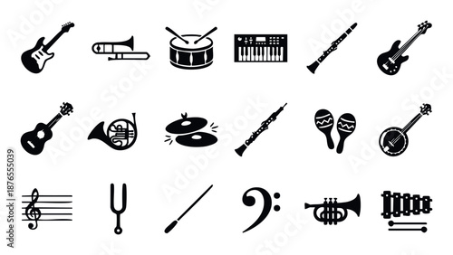 Comprehensive array of essential musical instruments and fundamental notation symbols for music school advertisements, performance flyers, educational material, and entertainment industry